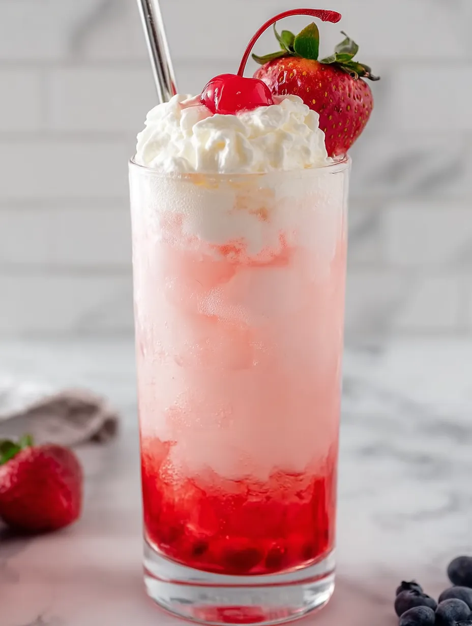 Italian cream soda in a glass with strawberries on top.