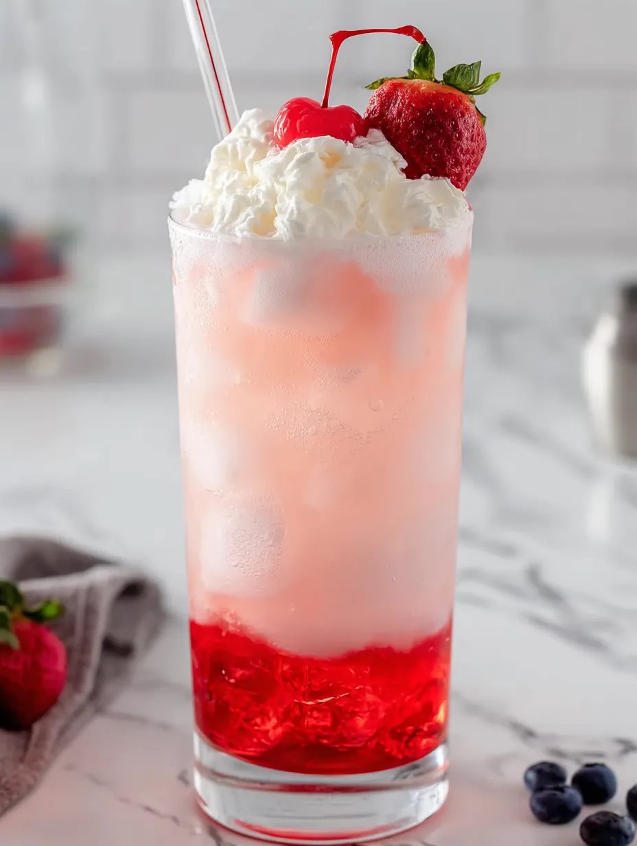 A tall glass filled with Italian cream soda and fresh strawberries.