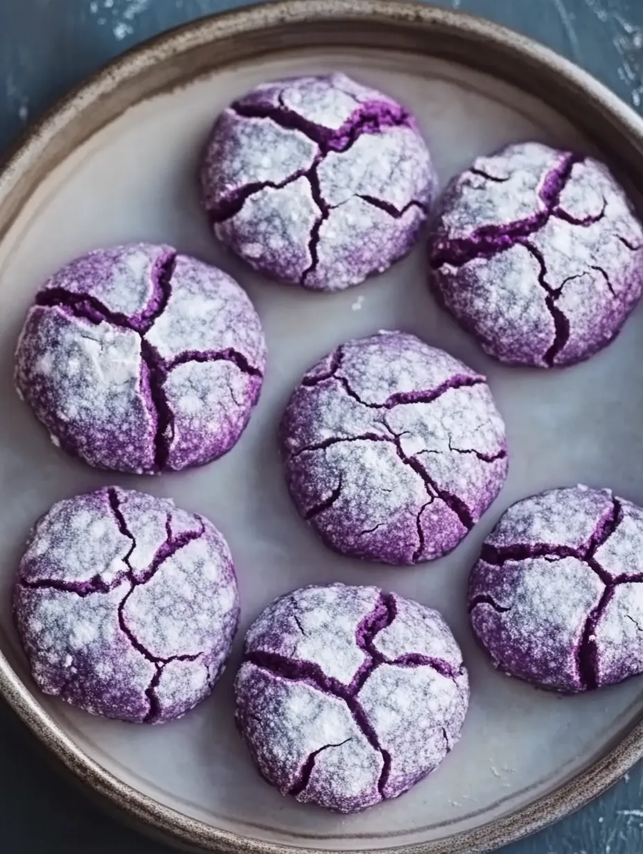 Purple crinkle cookies coated in white sugar.