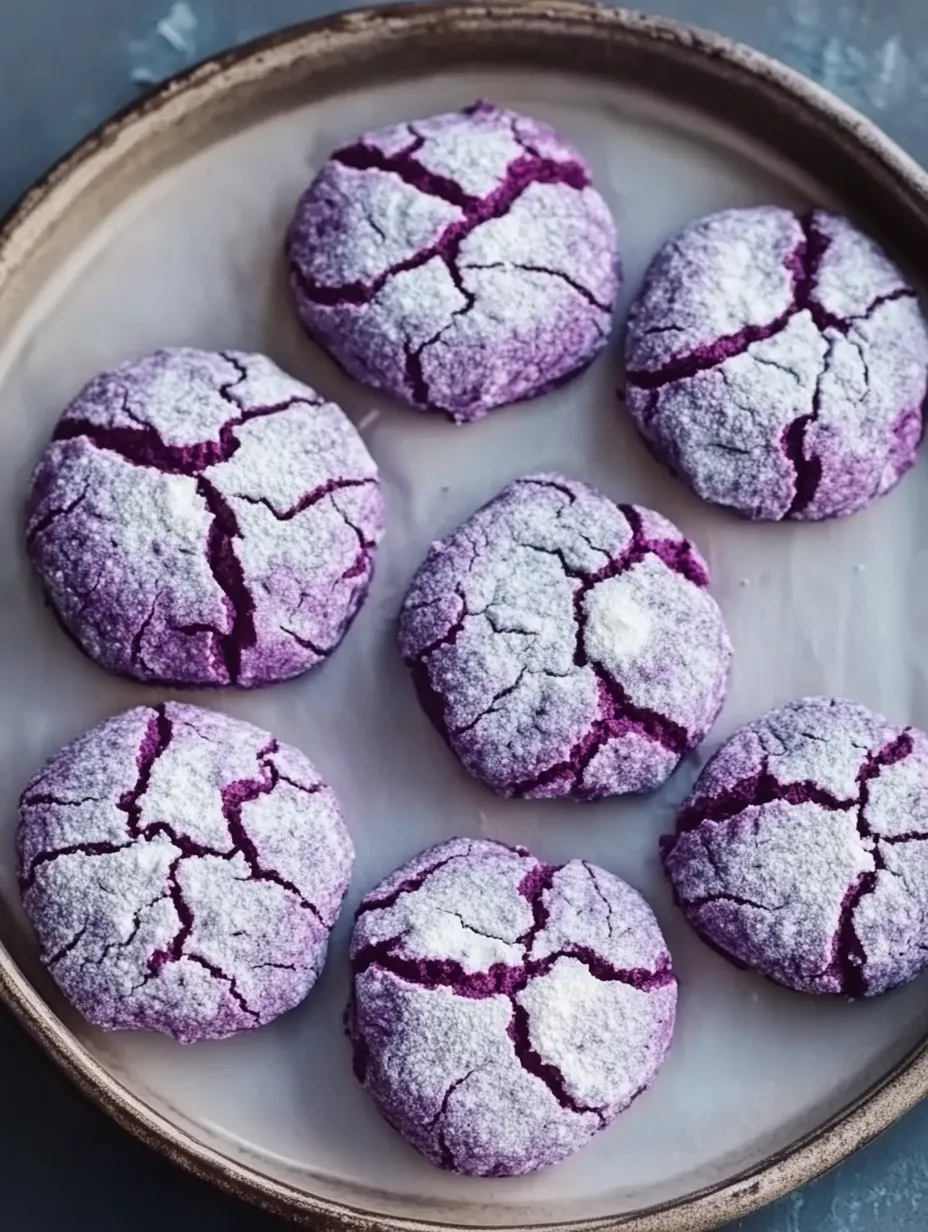 Purple crinkle cookies dusted with white sugar.