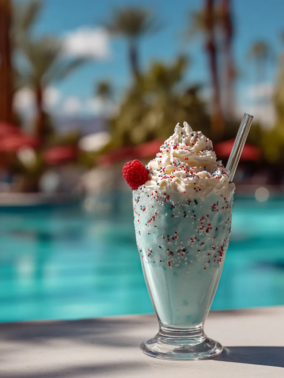 Blue raspberry slush in a glass with a straw.