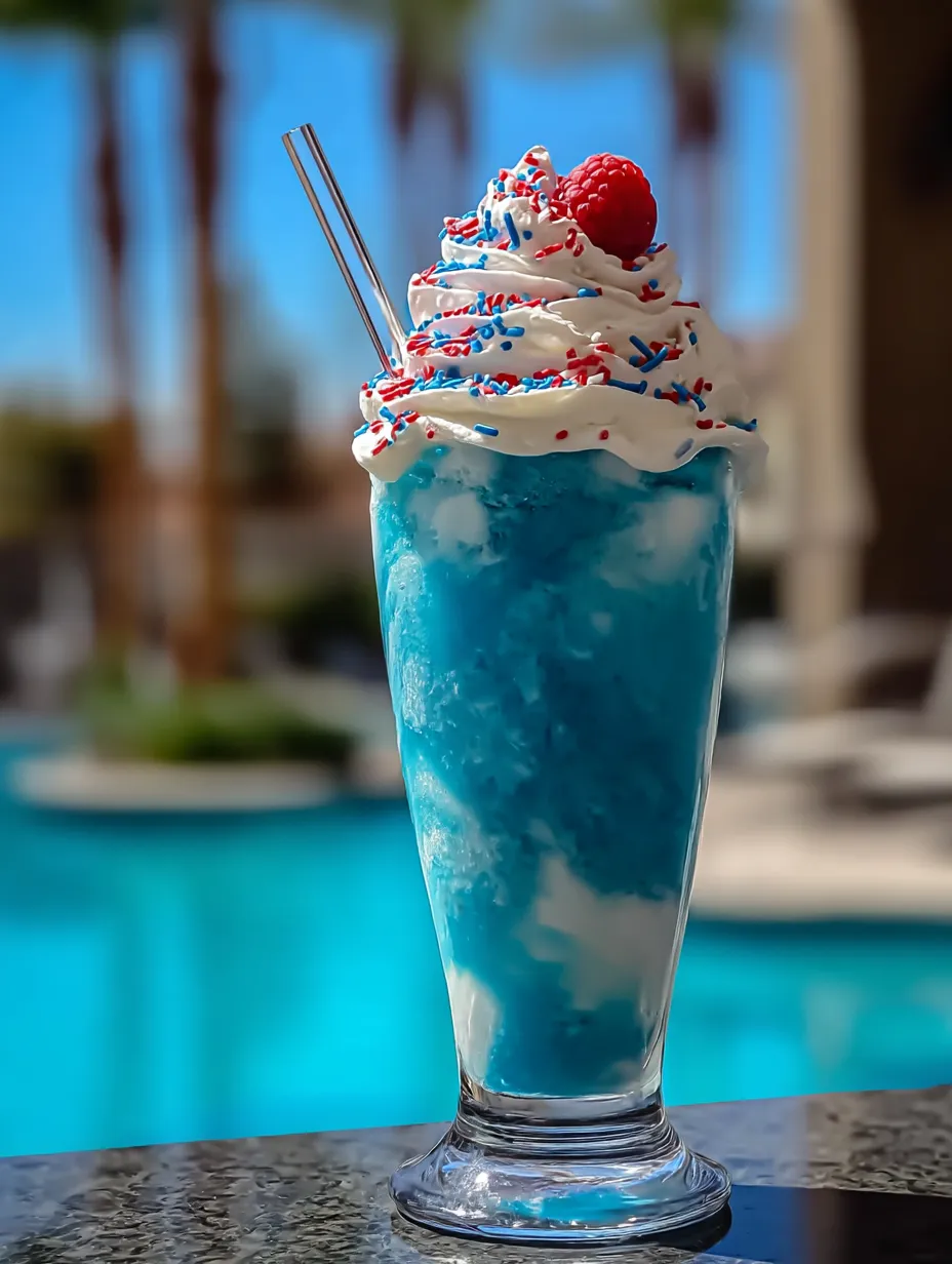 A tall glass of blue slushie with a drinking straw.