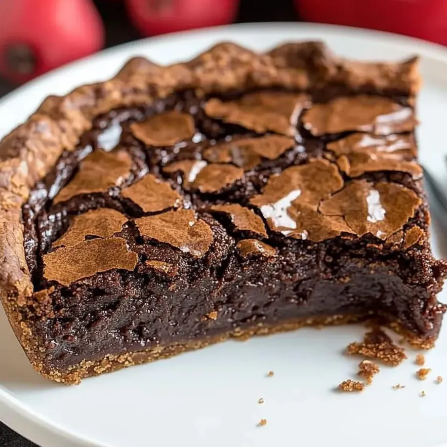 One slice of chocolate pie on a white plate.