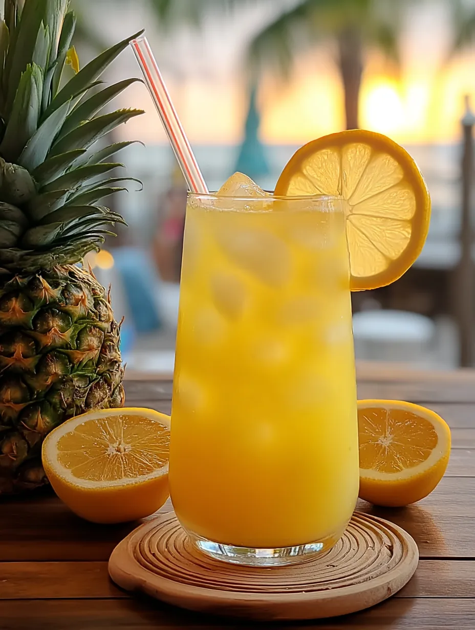 A tall glass of pineapple lemonade with a striped straw.