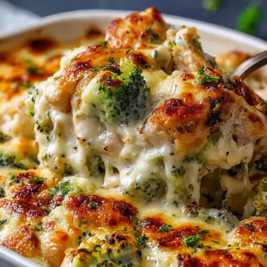 A pan full of creamy chicken, pasta, and broccoli with a gooey cheese top.