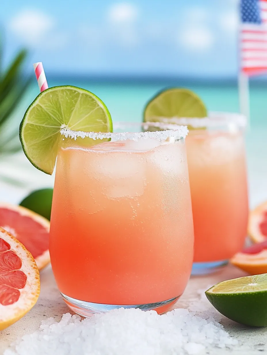 Two bubbly pink drinks with grapefruit and lime on the table.