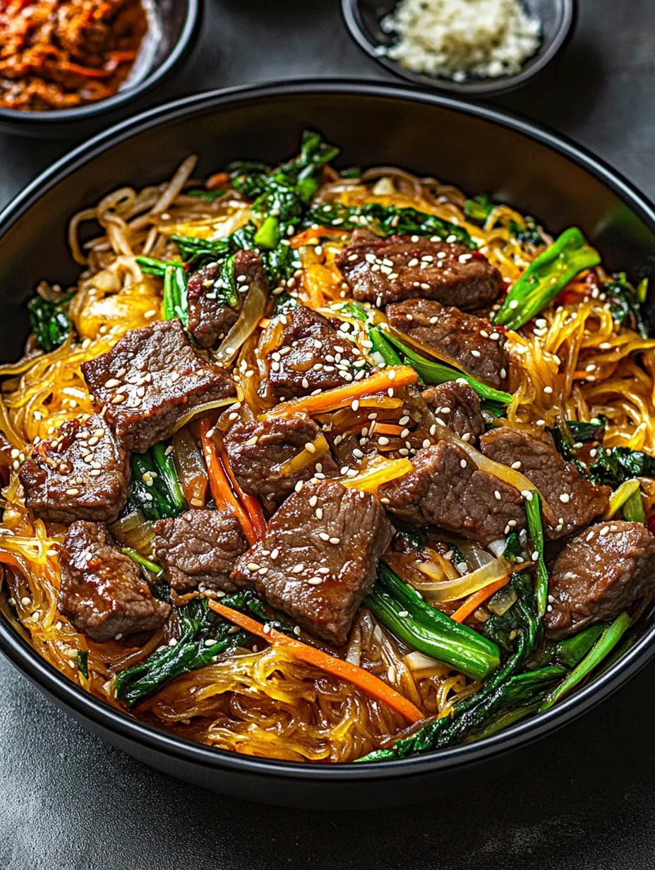 A bowl of Japchae with meat and vegetables.