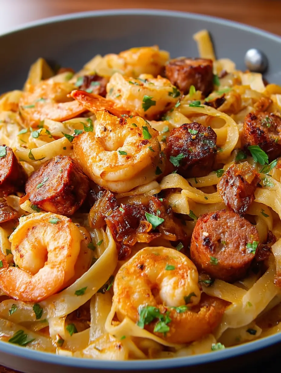 Colorful plate with creamy Jamaican shrimp pasta.