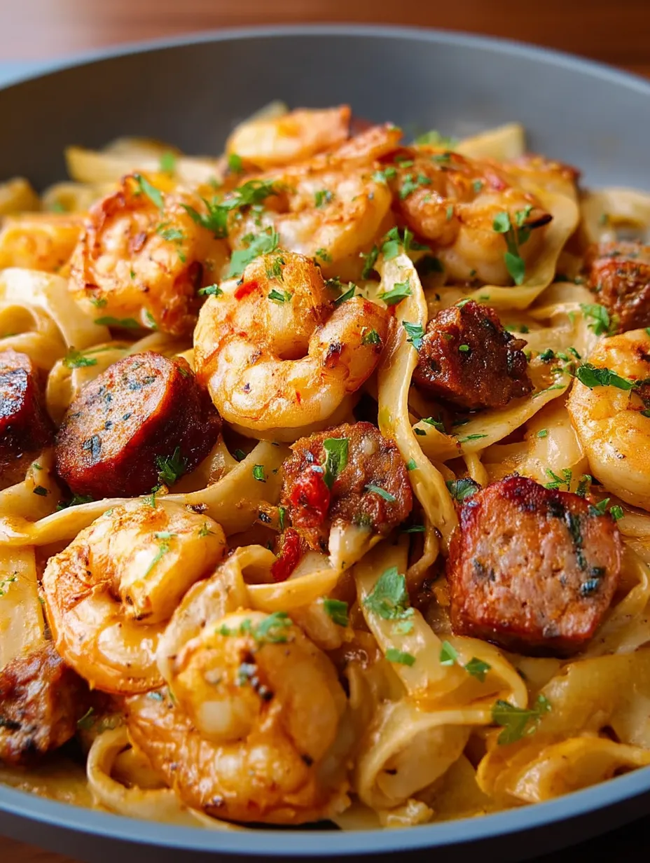 A plate loaded with creamy Jamaican-style shrimp pasta.