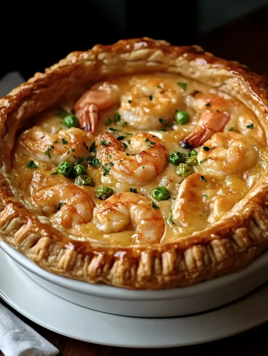 A helping of Cajun Seafood Pot Pie sits in a white bowl at the table.