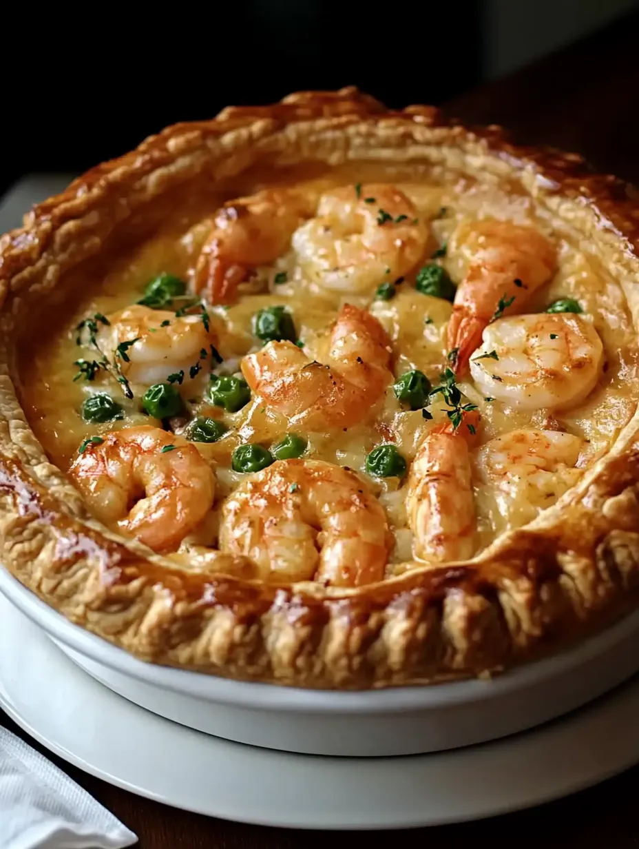 A basket of shrimp, crawfish, and peas tucked into a flaky pie crust.