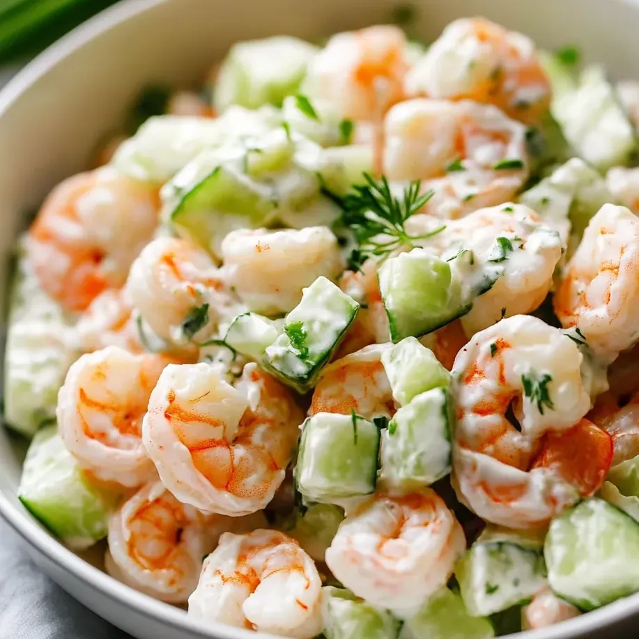Bowl packed with lime shrimp, cucumber, and fresh herbs.