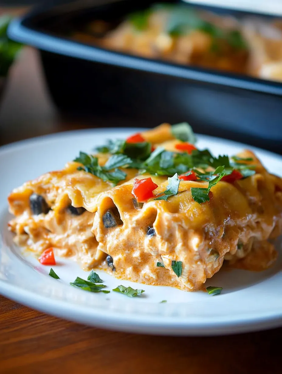A white plate holding a serving of Southwest Chicken Lasagna Roll Ups.