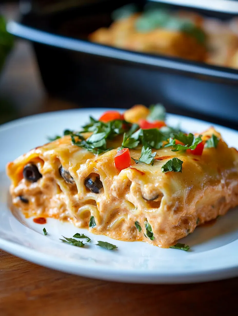 A white plate holding a serving of Southwest Chicken Lasagna Roll Ups.
