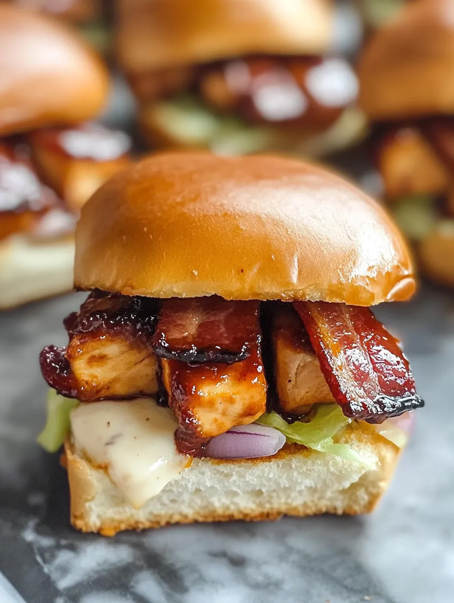 A close up of a bacon ranch BBQ chicken slider.