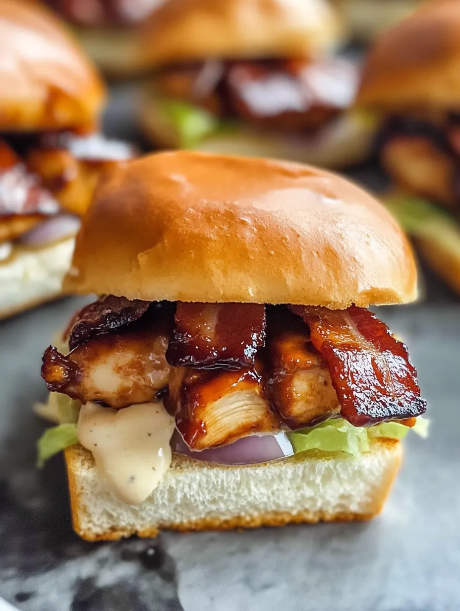 A close up of a bacon ranch BBQ chicken slider.