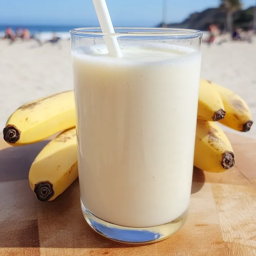 A glass of chilled Korean banana milk sits on a table.