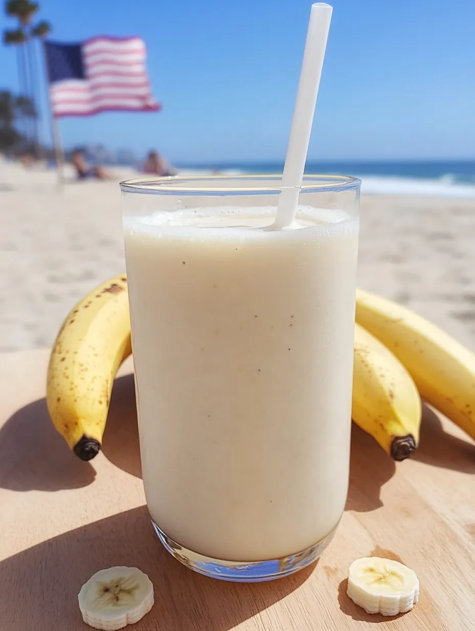 A cold glass of Korean banana milk on a surface.