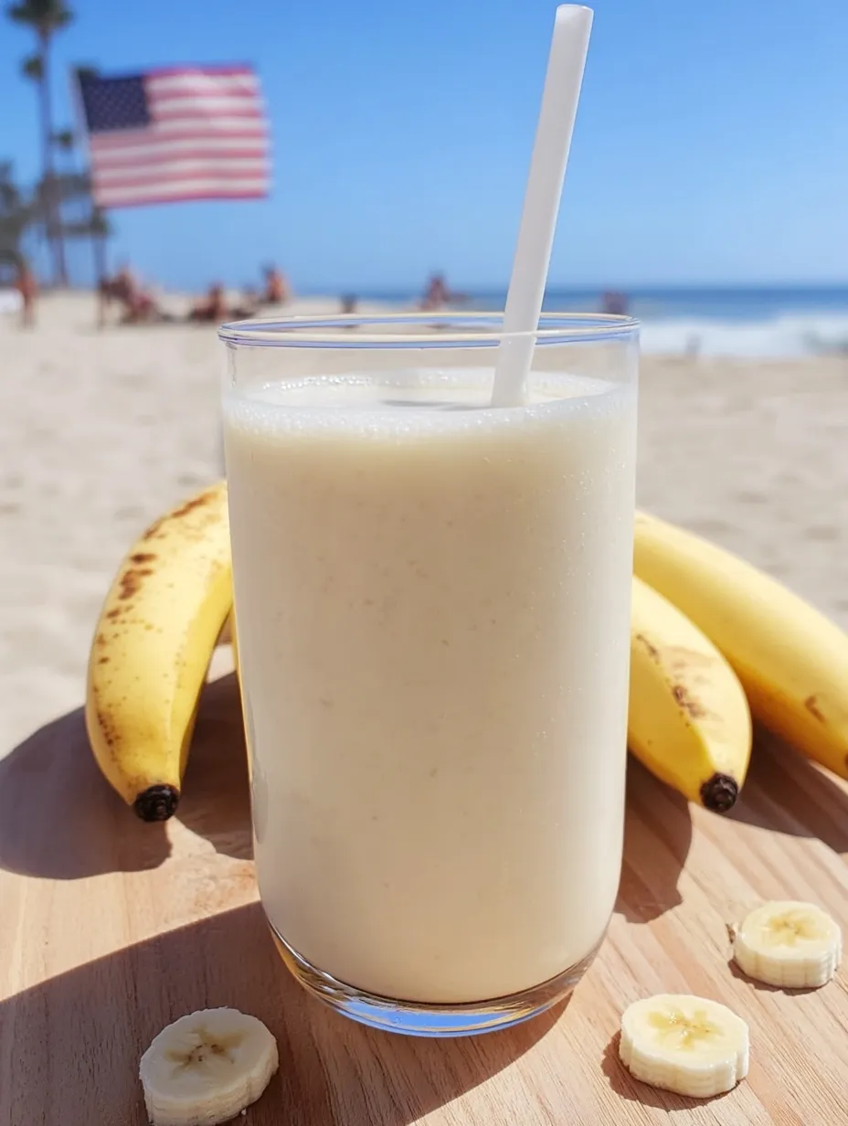 A cold glass of Korean banana milk on a surface.