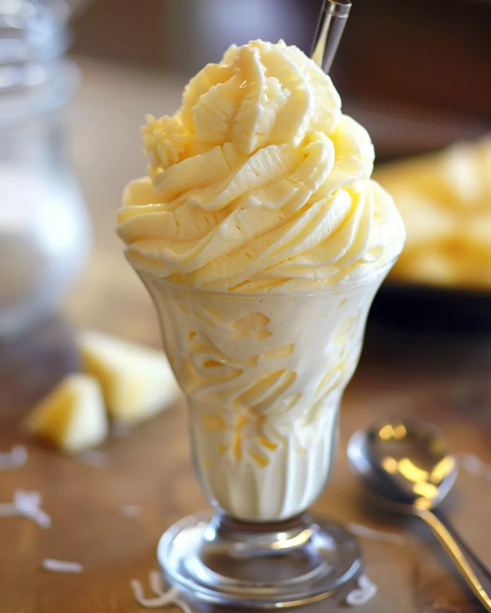 A glass with chilled Jus-topped Dole Whip.