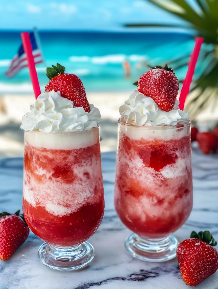 Two glasses packed with icy strawberry daiquiris topped with plenty of whipped cream.