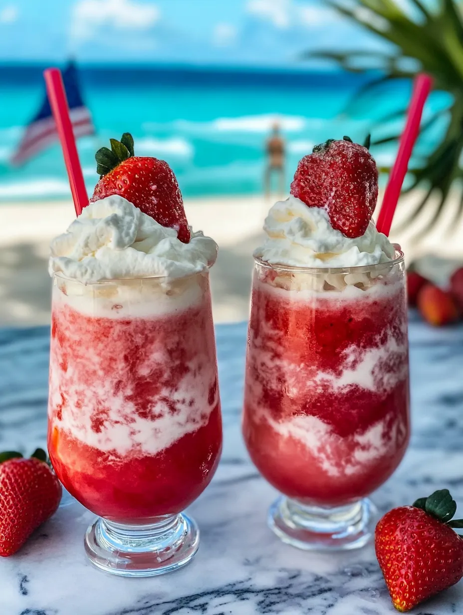 Two glasses packed with icy strawberry daiquiris topped with plenty of whipped cream.
