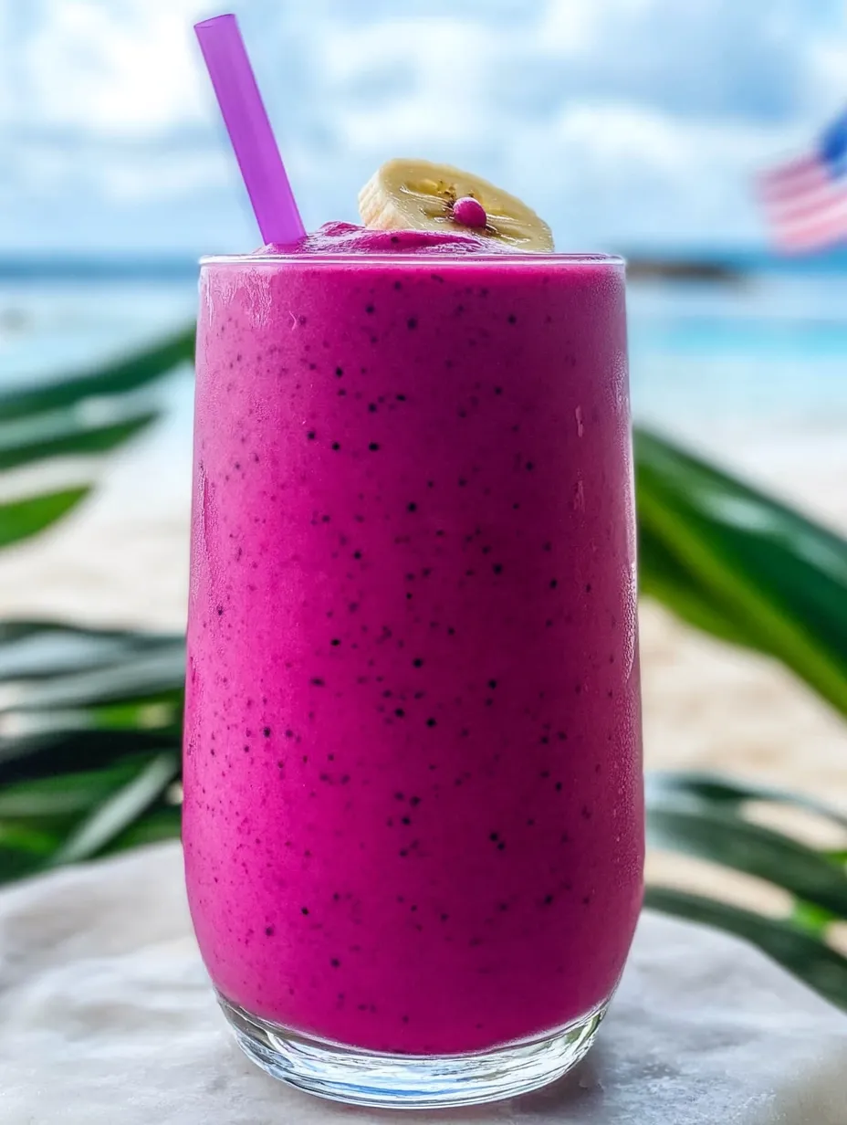 Bright pink smoothie with hints of banana and vanilla.