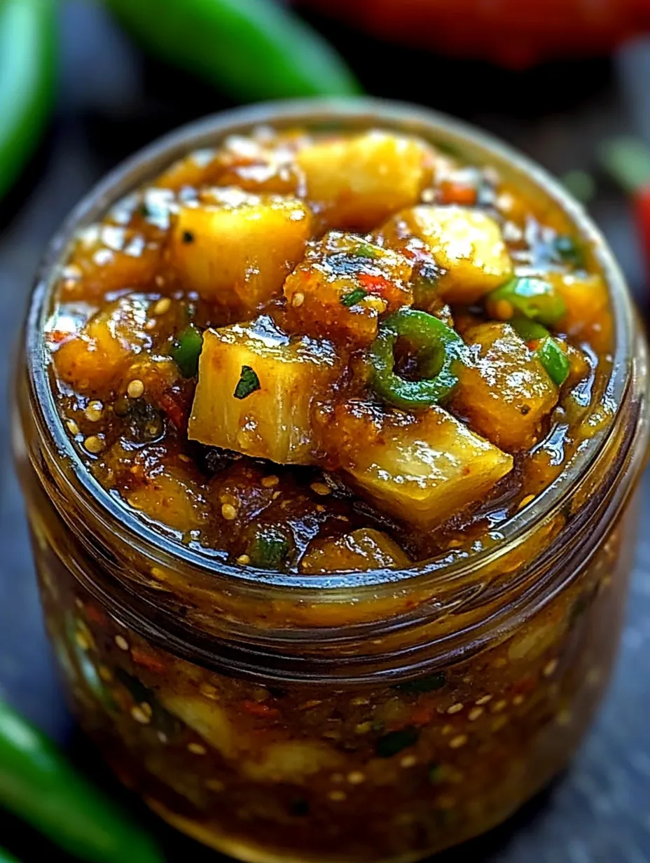 A jar packed with spicy pineapple jalapeño chutney.