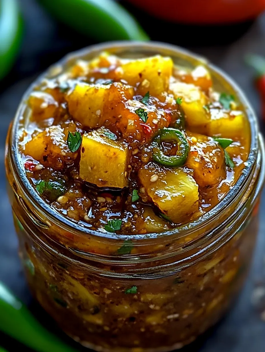 A jar packed with spicy pineapple jalapeño chutney.