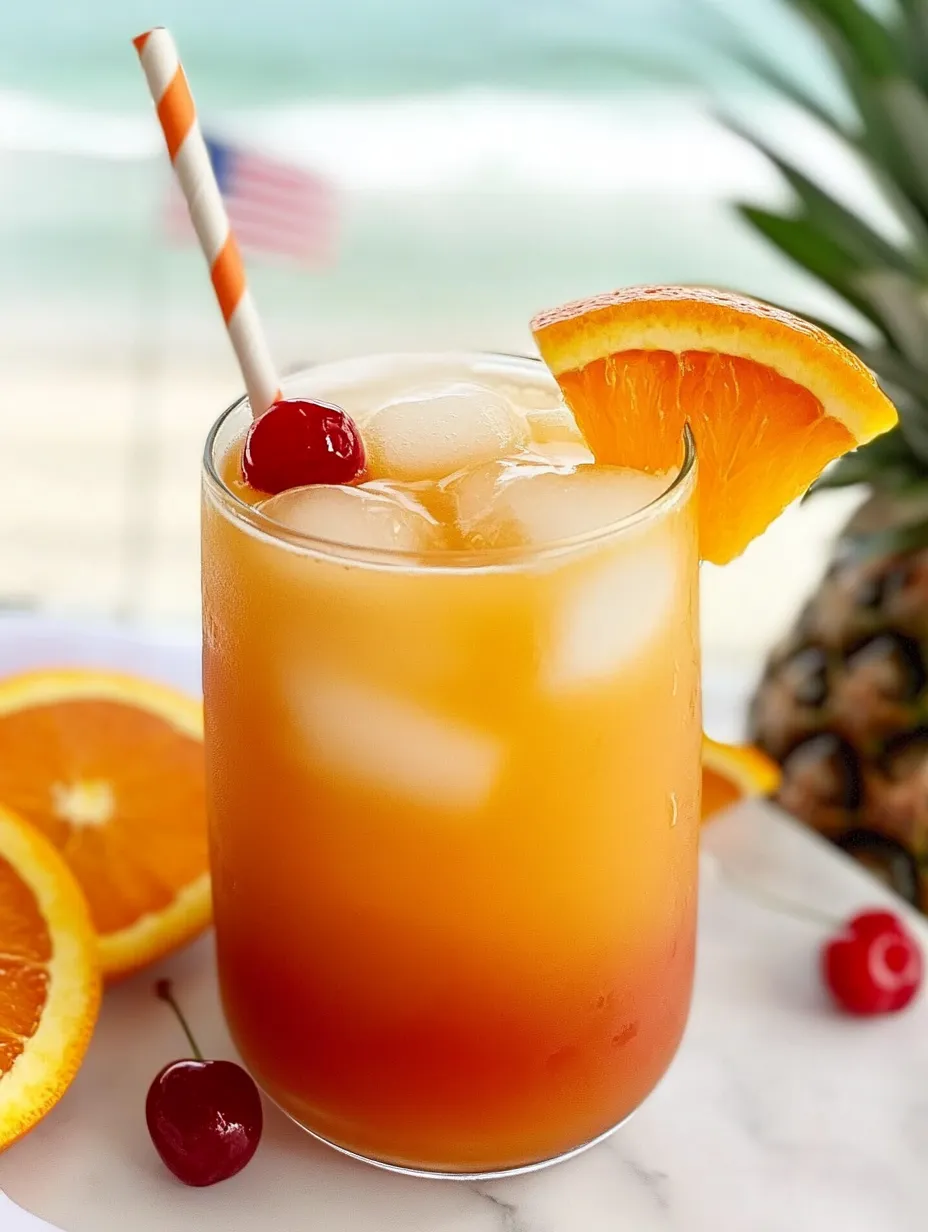A tall glass filled with layers of a Sweet Sunrise Mocktail, showing off bright yellow and red colors.