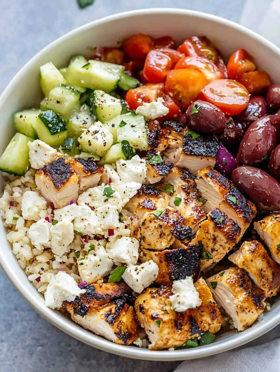 A loaded grain bowl with veggies, Greek chicken, and feta.