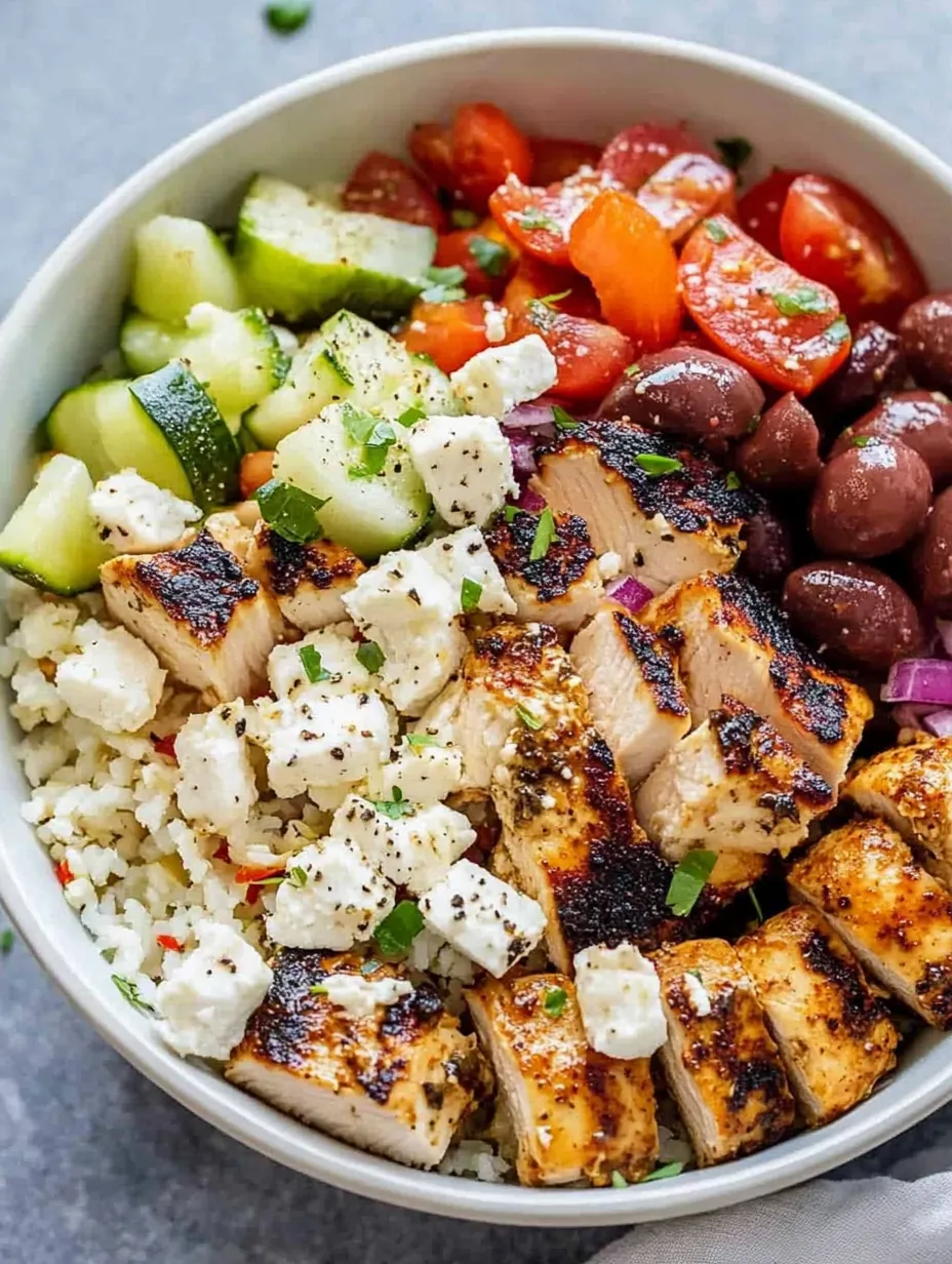 A bowl loaded with Greek chicken, veggies, and quinoa.