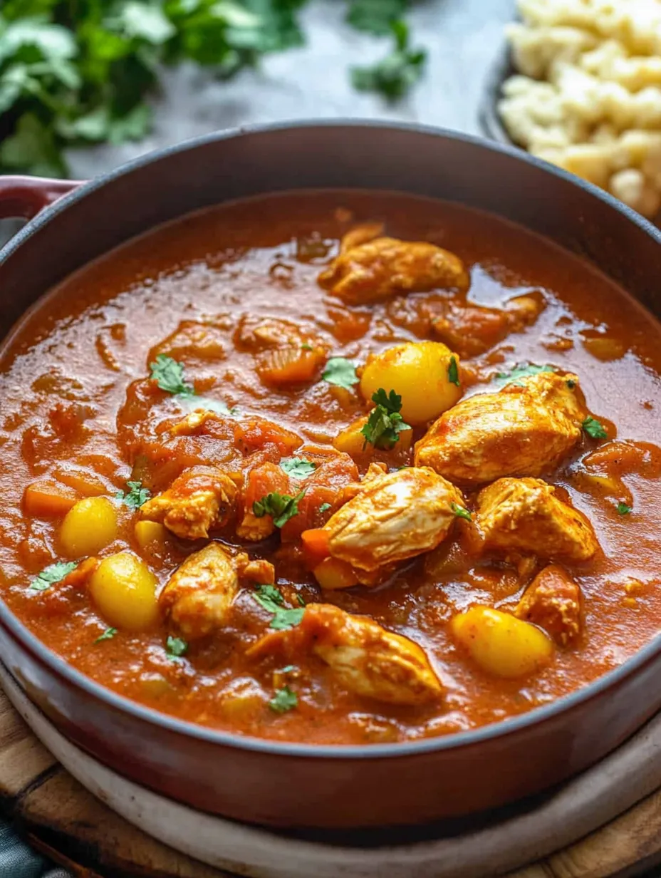 A piping hot bowl full of Moroccan-style chicken and spice.