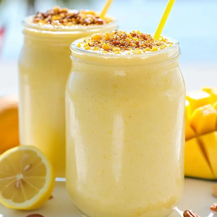 Two glasses filled with lemony cheesecake smoothie.