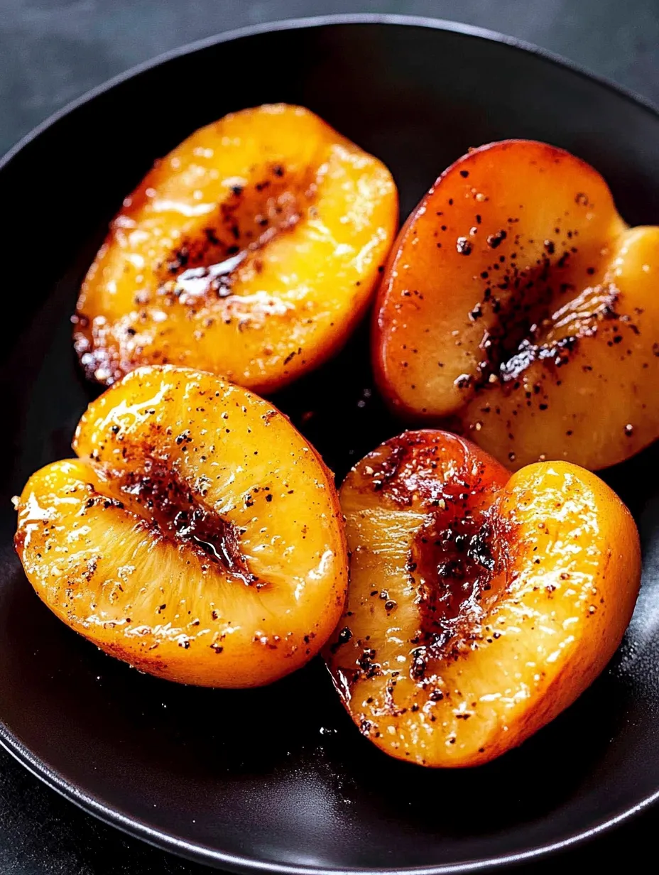 Caramelized peaches sizzling on a black dish.