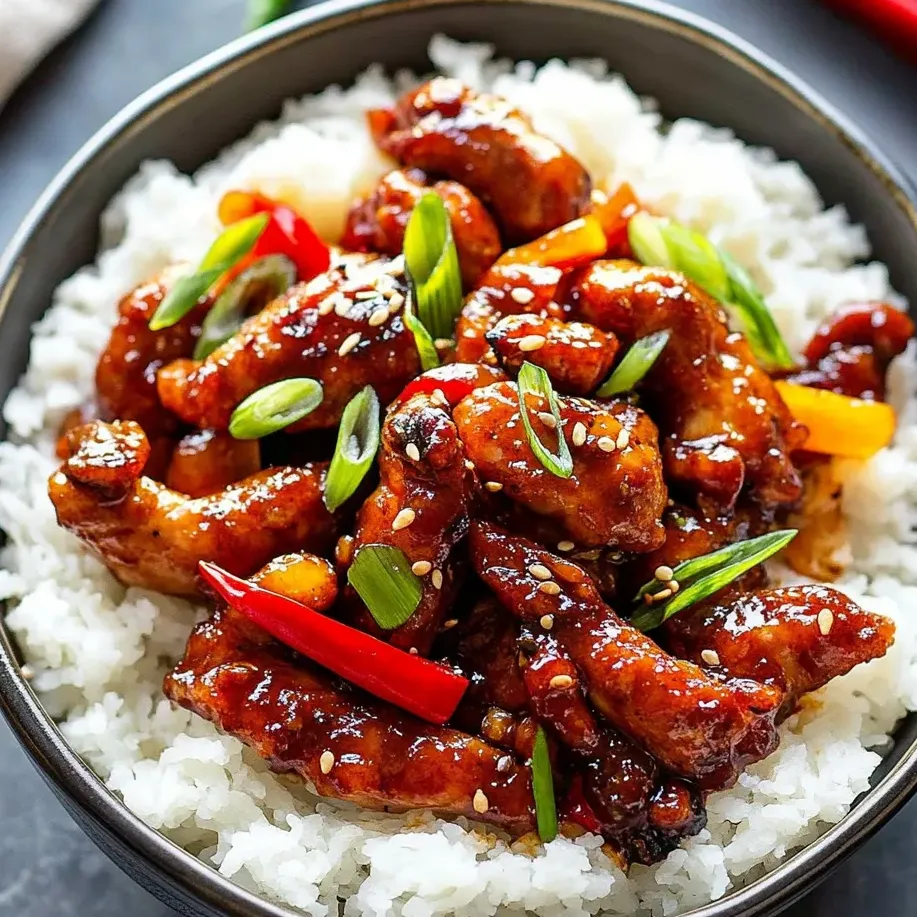 Dragon Chicken piled over rice in a bowl.