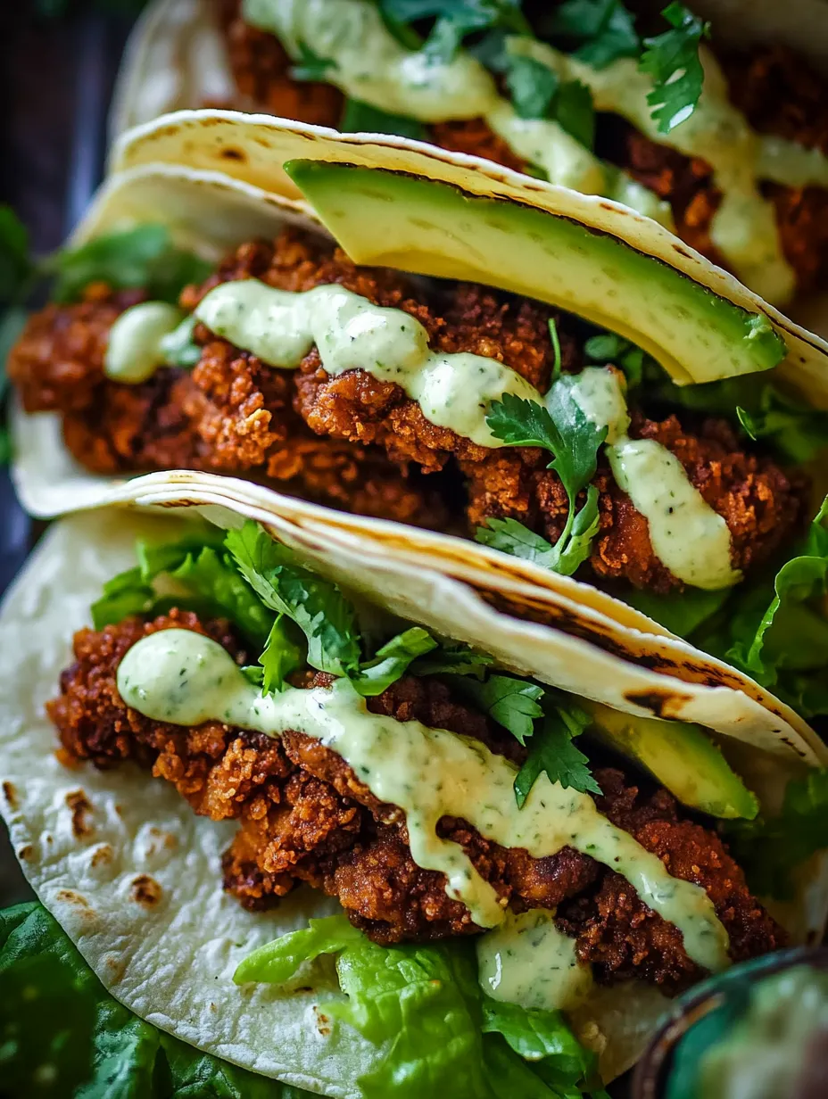 Golden fried chicken tacos with avocado ranch and greens.