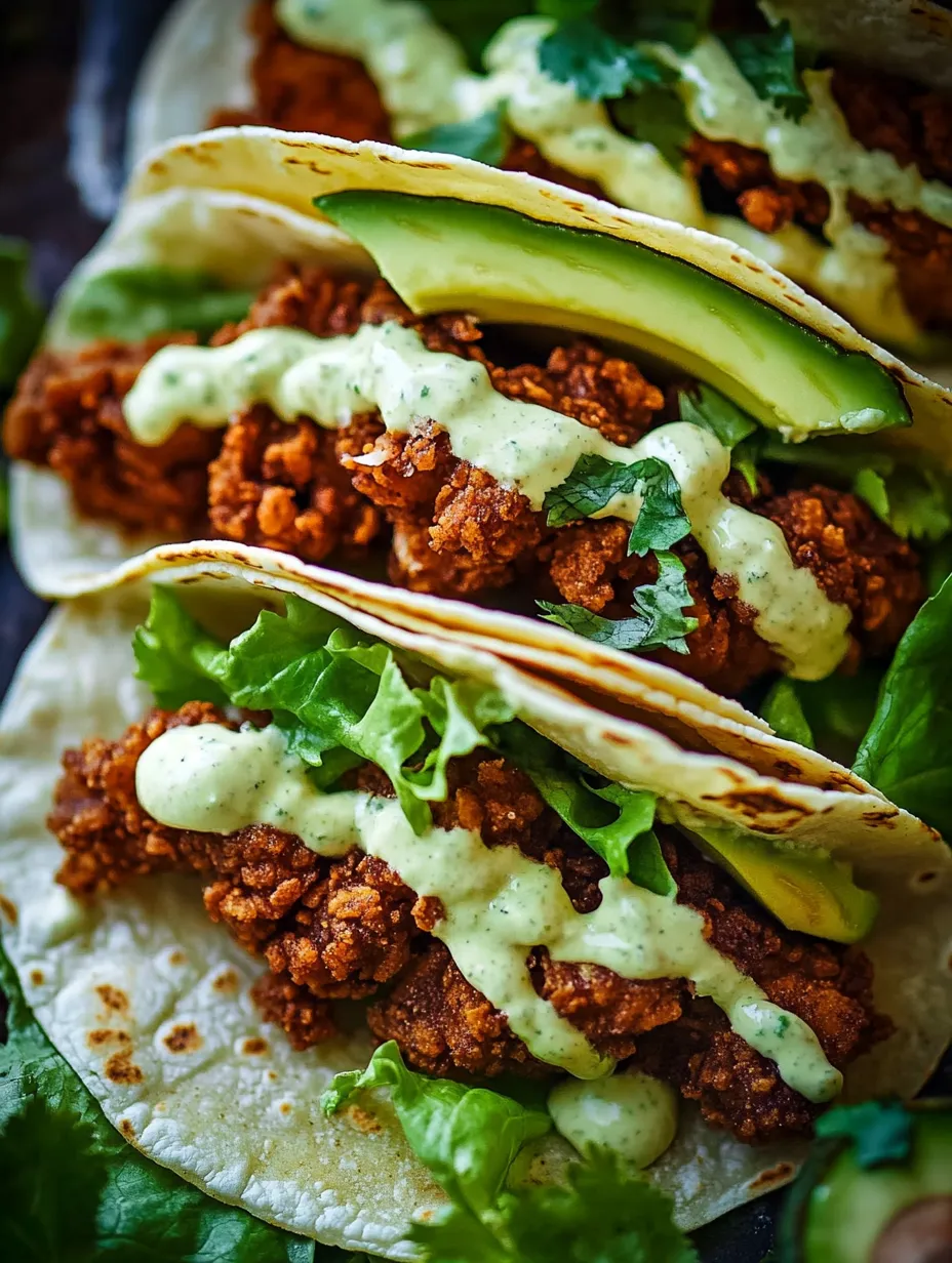 Two golden chicken tacos with avocado ranch and herbs.
