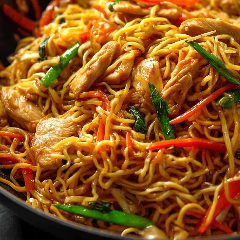 Noodles, chicken, and veggies in a bowl, ready to eat.