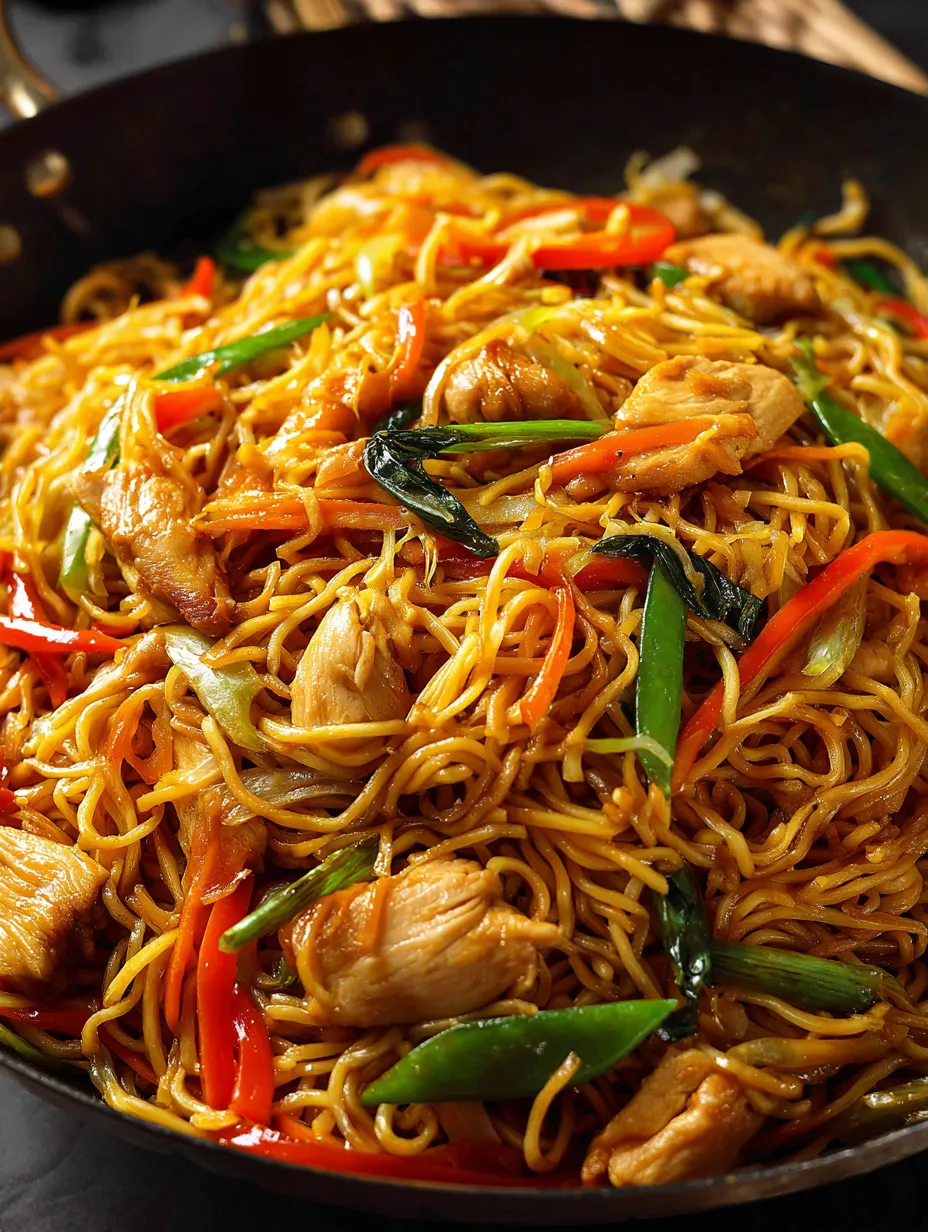 A bowl of noodles with chicken and vegetables.