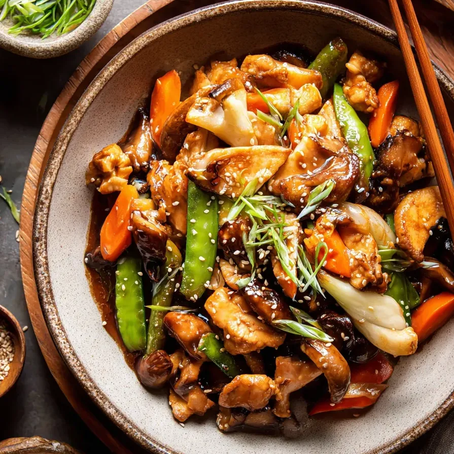 A bowl filled with stir-fried meat and veggies.