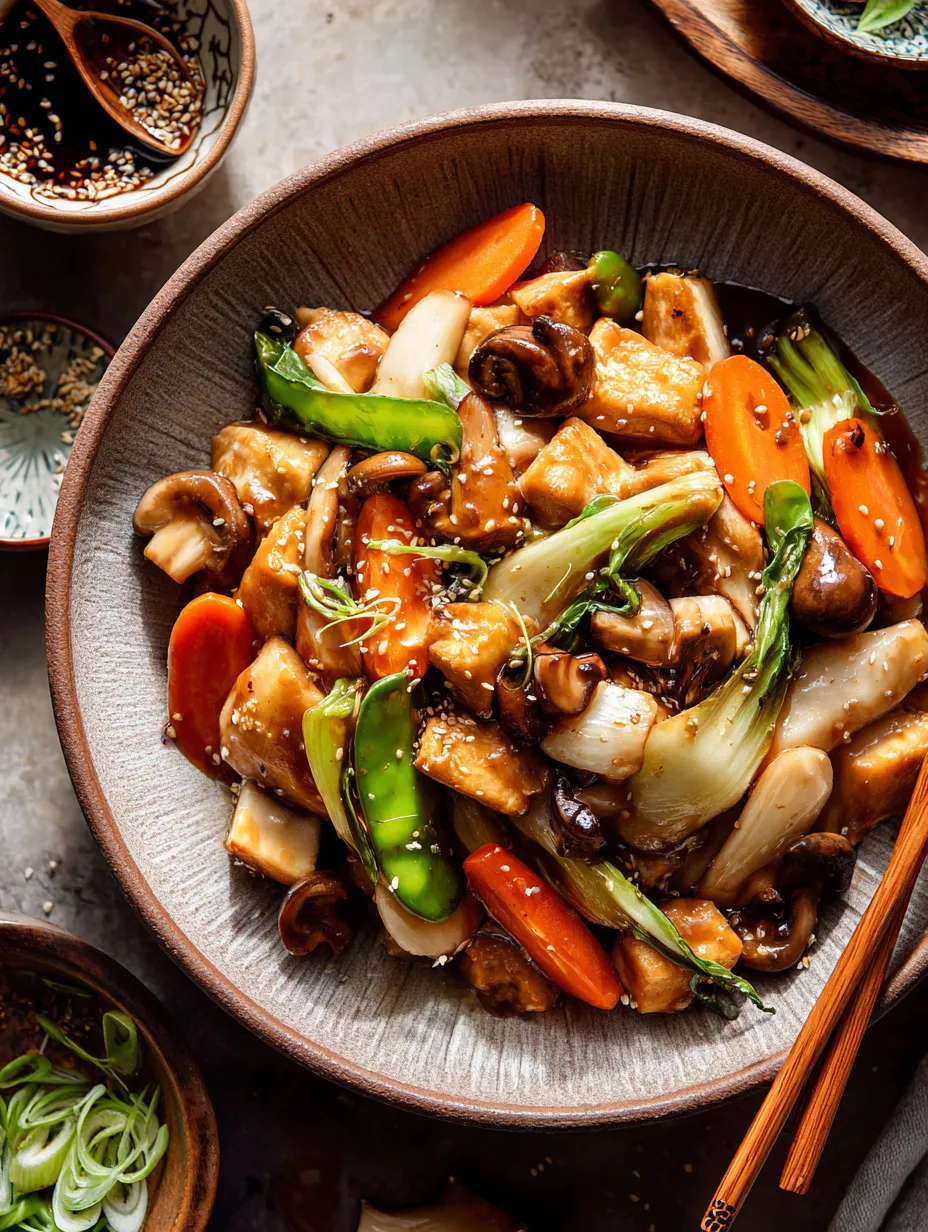 A bowl full of stir fry starring mushrooms, bright carrots, and a few broccoli florets.