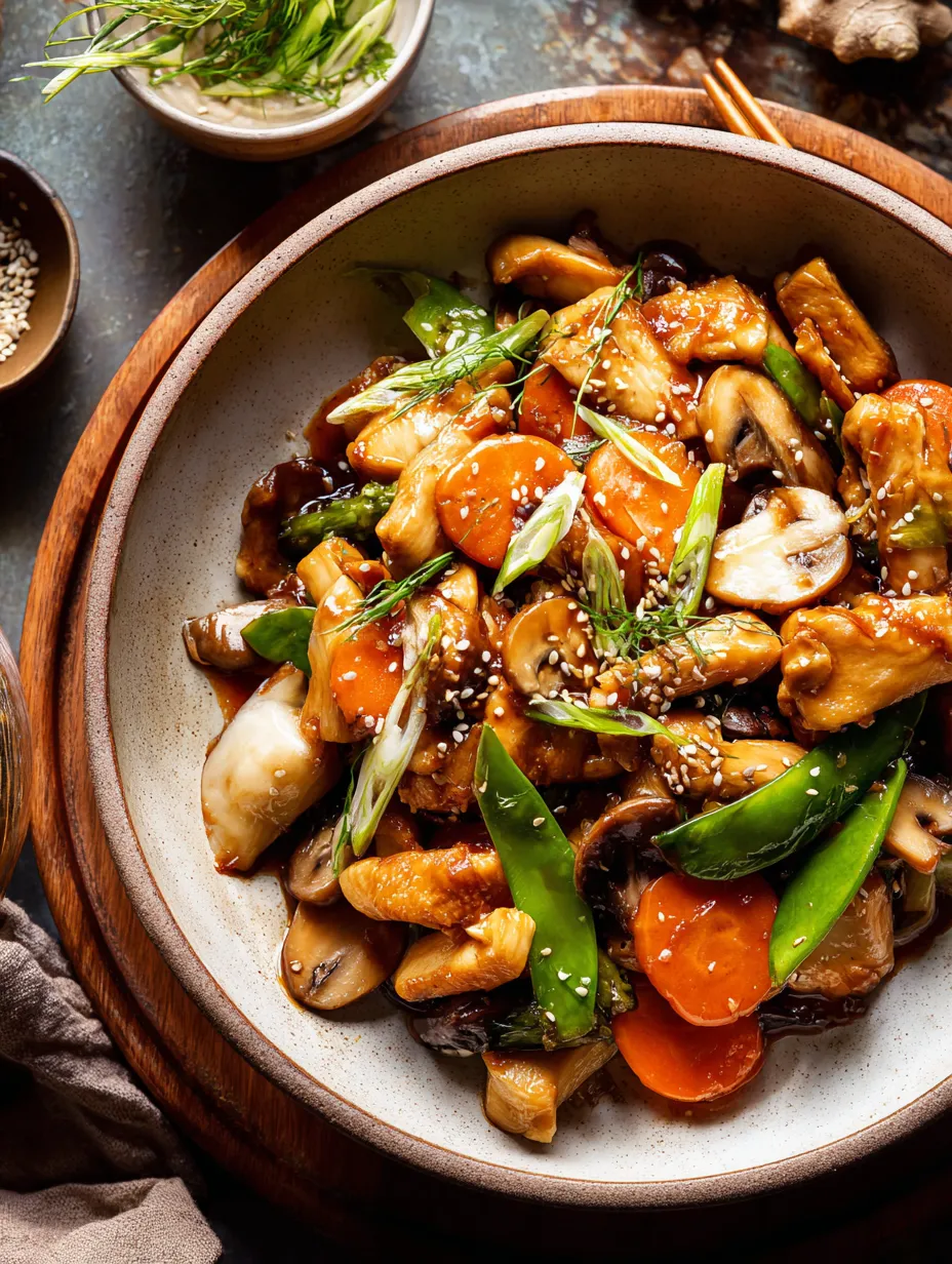 A bowl piled high with carrots, mushrooms, and other colorful veggies in stir fry.