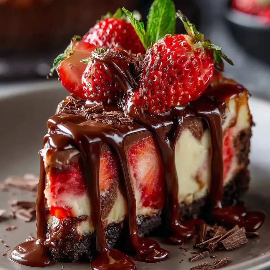 Cheesecake slice covered with strawberries and chocolate drizzle.