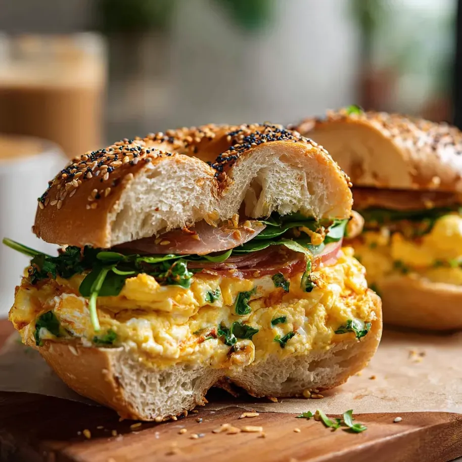 A breakfast sandwich with egg and bacon on a wooden board.