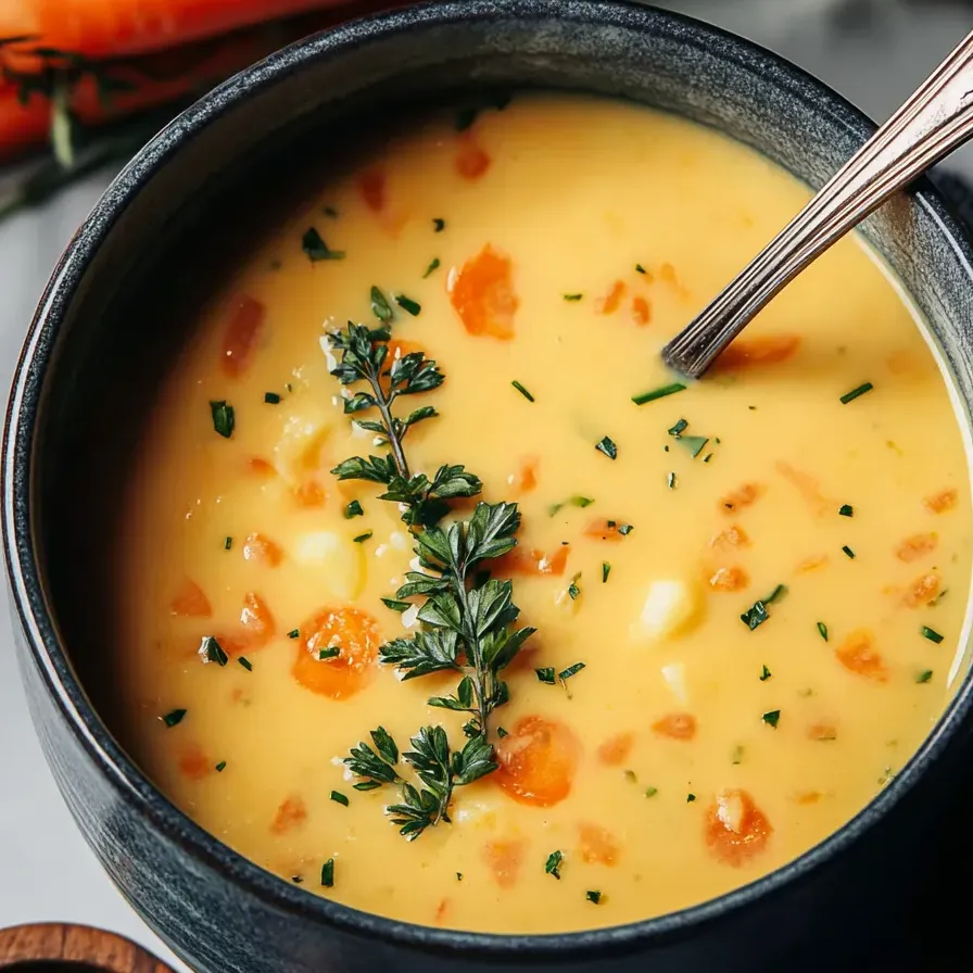 Bowl of soup with a thyme sprig on top.
