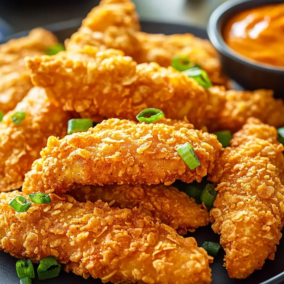 Golden fried chicken pieces arranged on a plate with a side of dipping sauce.