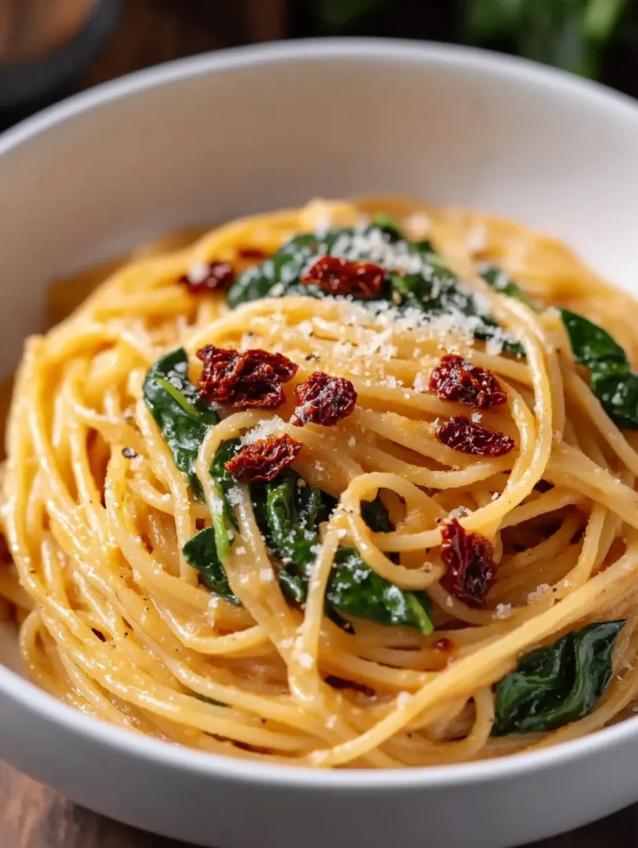 A bowl of pasta with spinach and cheese.