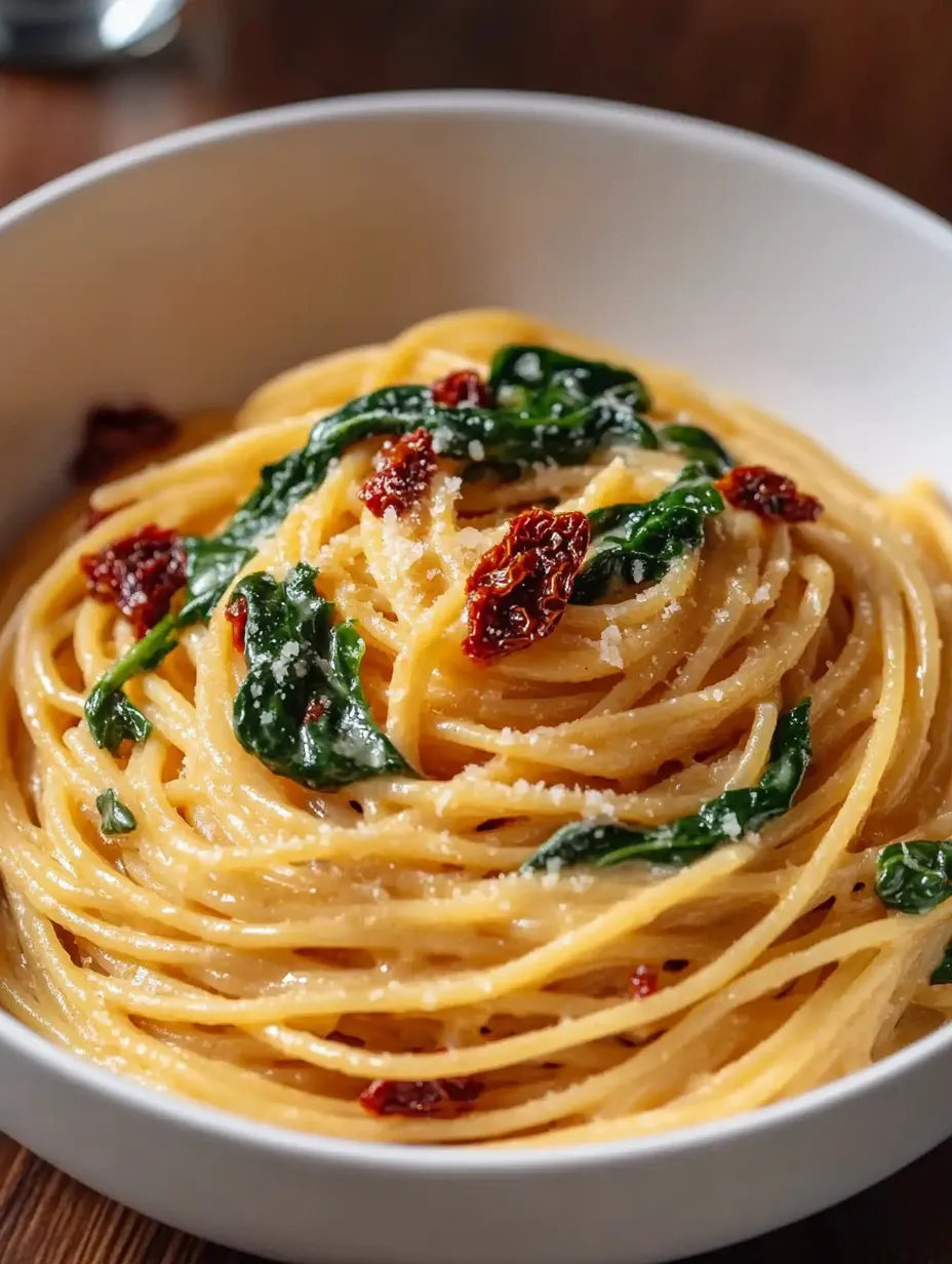 A bowl of pasta with spinach and tomatoes.