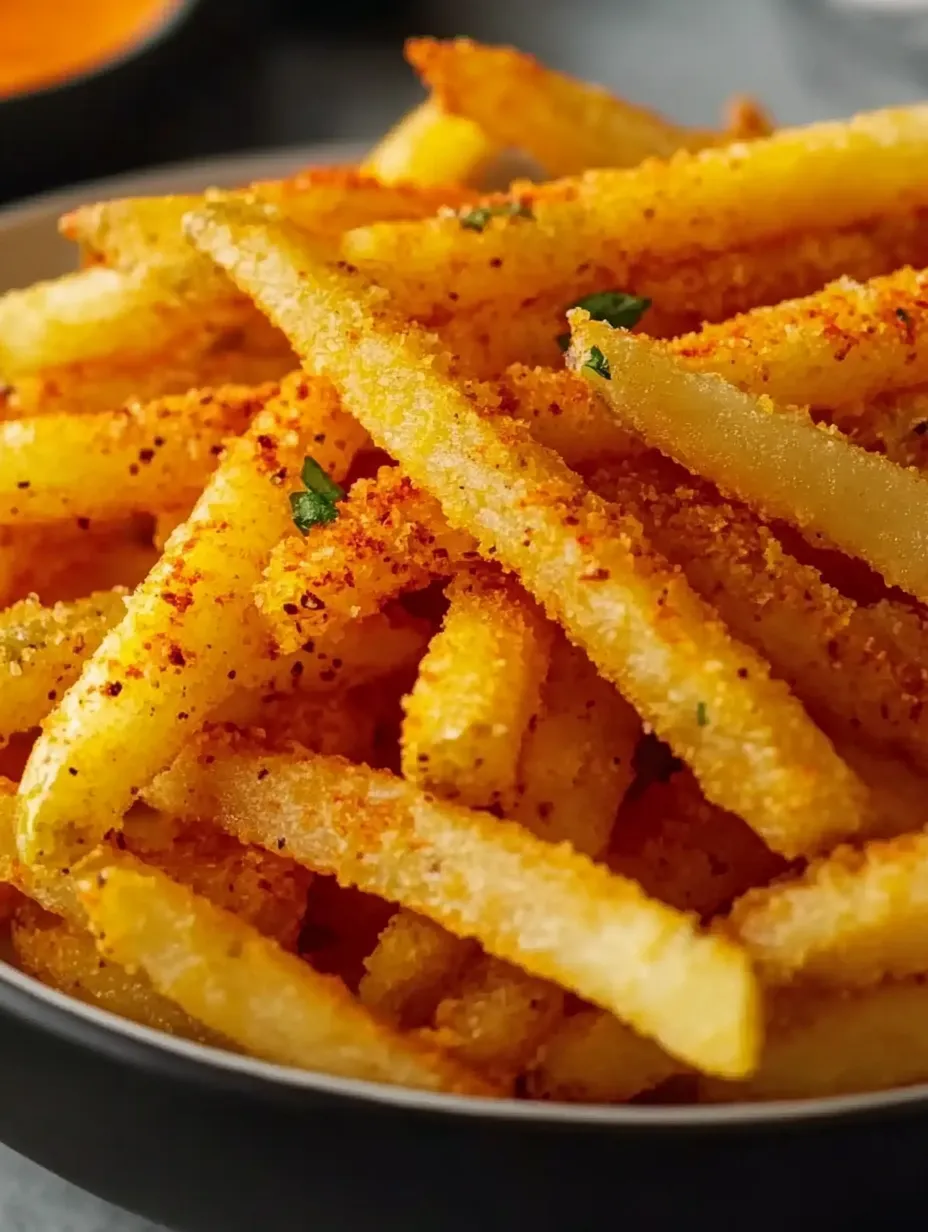 French fries sprinkled with paprika on a plate.